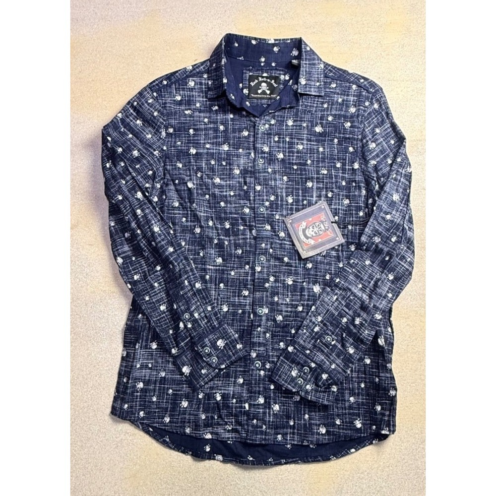 Rock Roll n Soul Mens Small Navy Skull Crossbones Guitar Button Down Shirt-2408